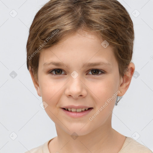 Joyful white child female with short  brown hair and brown eyes