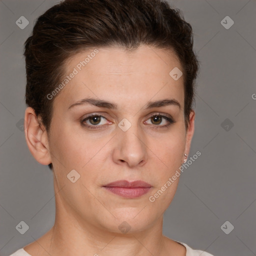 Neutral white young-adult female with short  brown hair and brown eyes