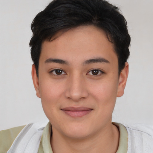 Joyful asian young-adult female with short  brown hair and brown eyes