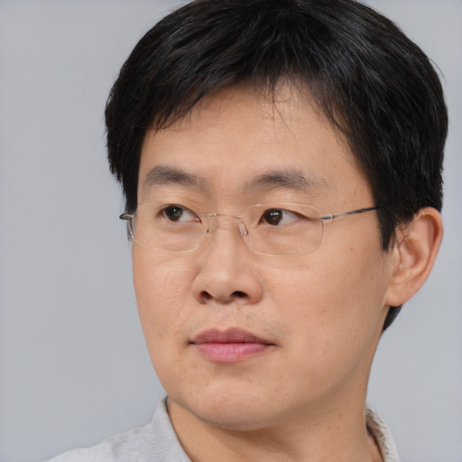Joyful asian adult male with short  brown hair and brown eyes