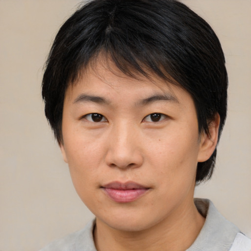 Neutral asian young-adult female with medium  brown hair and brown eyes
