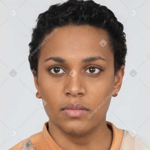 Neutral black young-adult female with short  black hair and brown eyes