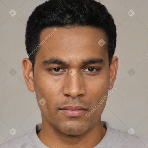 Neutral latino young-adult male with short  black hair and brown eyes