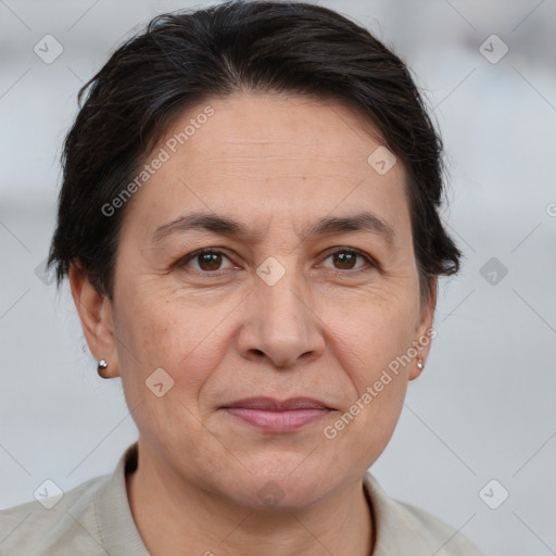 Joyful white adult female with short  brown hair and brown eyes