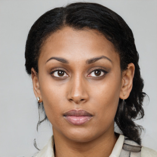 Neutral latino young-adult female with medium  black hair and brown eyes