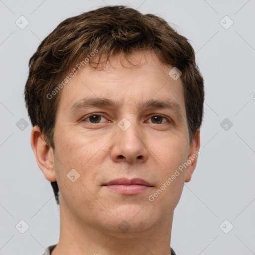 Neutral white adult male with short  brown hair and brown eyes