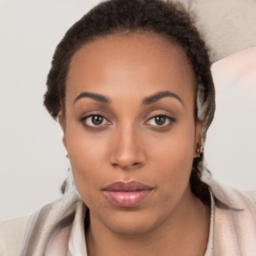 Neutral white young-adult female with long  brown hair and brown eyes