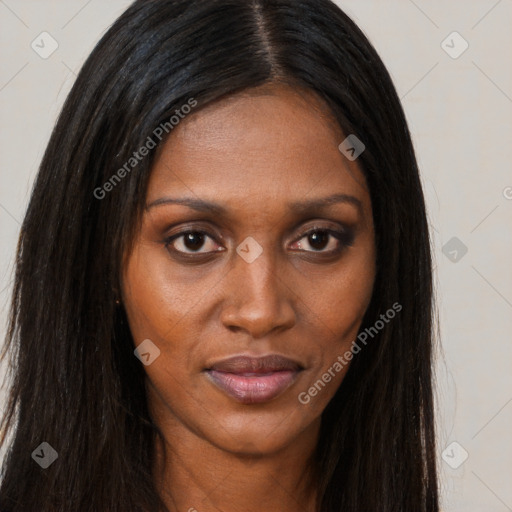 Joyful asian young-adult female with long  brown hair and brown eyes