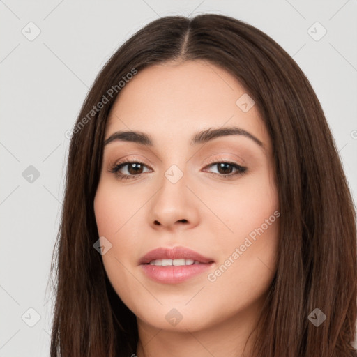 Neutral white young-adult female with long  brown hair and brown eyes