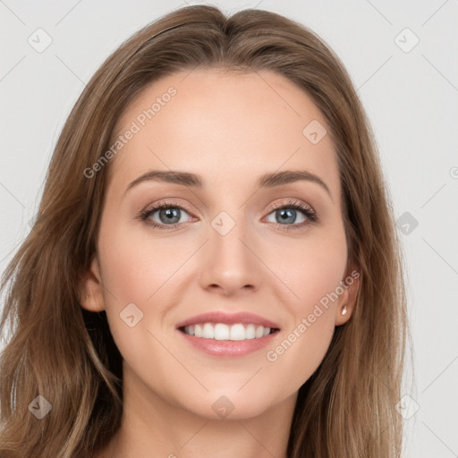 Joyful white young-adult female with long  brown hair and grey eyes