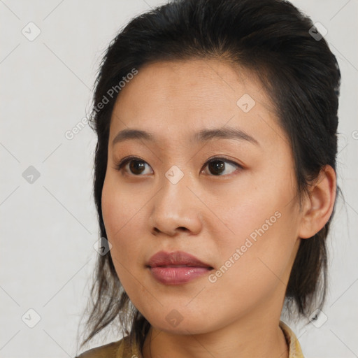 Neutral asian young-adult female with medium  brown hair and brown eyes