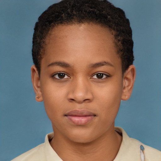 Neutral black young-adult female with short  brown hair and brown eyes