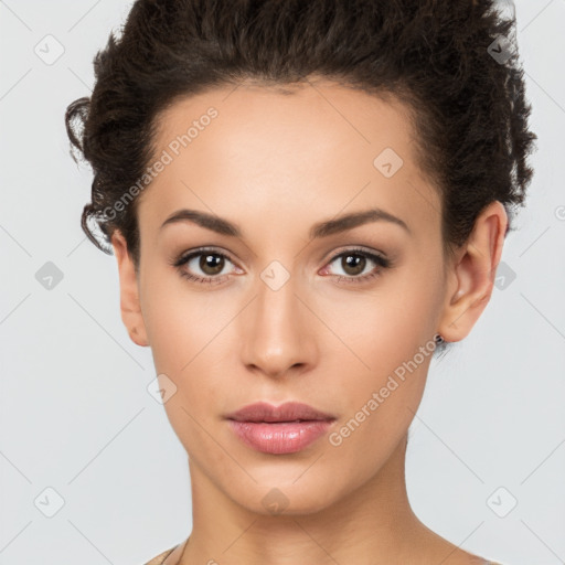 Neutral white young-adult female with short  brown hair and brown eyes