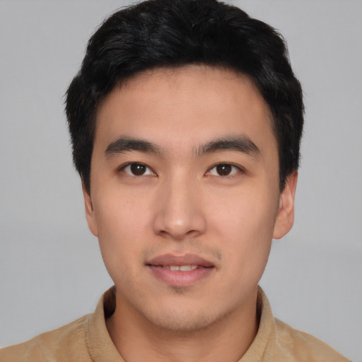 Neutral asian young-adult male with short  black hair and brown eyes