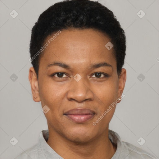 Joyful black young-adult female with short  black hair and brown eyes