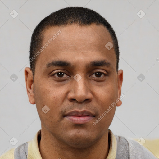 Neutral latino young-adult male with short  brown hair and brown eyes