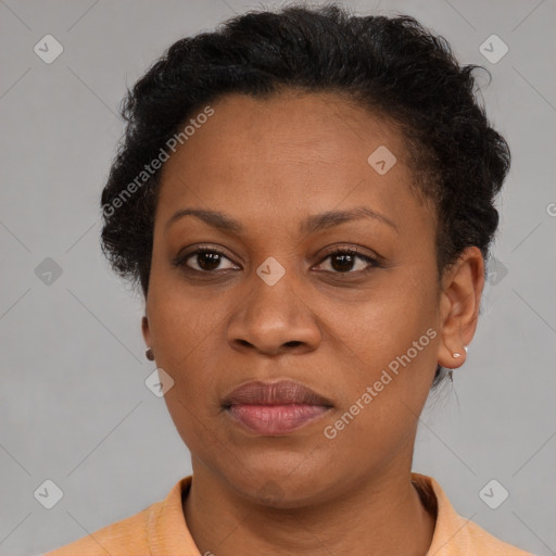 Joyful black adult female with short  brown hair and brown eyes