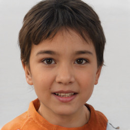 Joyful white child female with short  brown hair and brown eyes