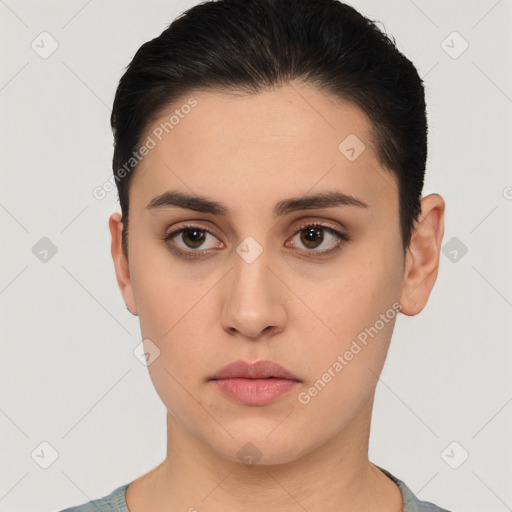 Neutral white young-adult female with short  brown hair and brown eyes