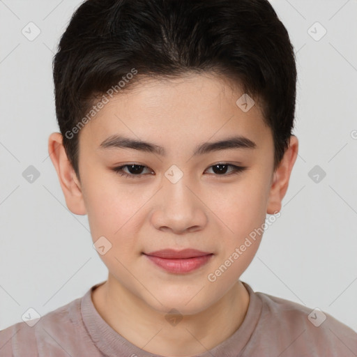 Joyful white child female with short  brown hair and brown eyes