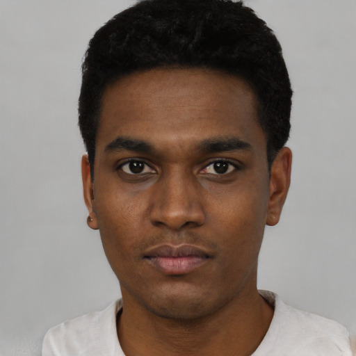 Neutral black young-adult male with short  black hair and brown eyes