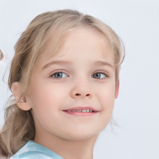 Joyful white child female with medium  brown hair and blue eyes