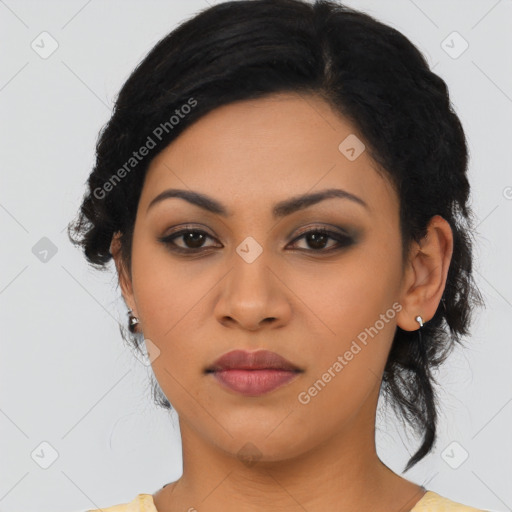 Joyful latino young-adult female with medium  black hair and brown eyes