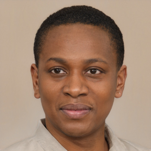 Joyful black young-adult female with short  black hair and brown eyes