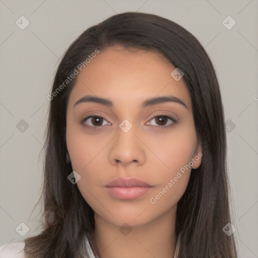 Neutral latino young-adult female with long  brown hair and brown eyes