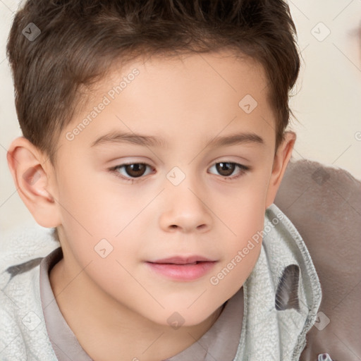 Joyful white child female with short  brown hair and brown eyes