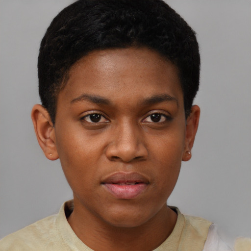 Neutral black young-adult female with short  brown hair and brown eyes