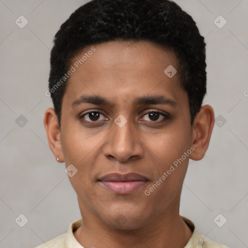 Joyful black young-adult male with short  black hair and brown eyes