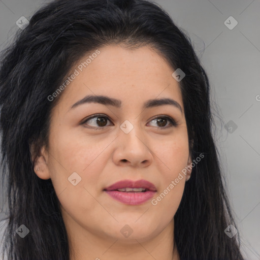 Joyful asian young-adult female with long  brown hair and brown eyes