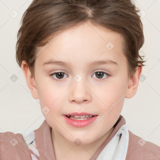 Joyful white child female with short  brown hair and brown eyes