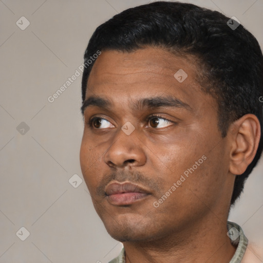 Neutral black young-adult male with short  black hair and brown eyes