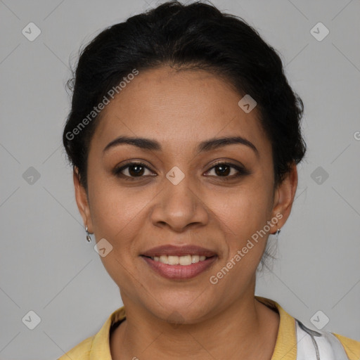 Joyful latino young-adult female with short  brown hair and brown eyes