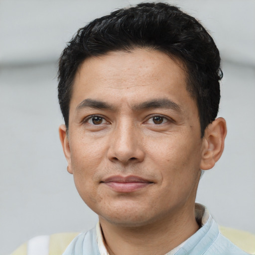 Neutral asian young-adult male with short  brown hair and brown eyes