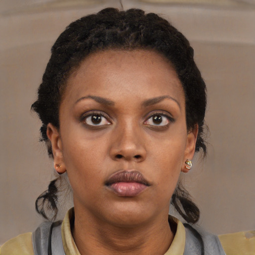 Neutral black young-adult female with short  black hair and brown eyes