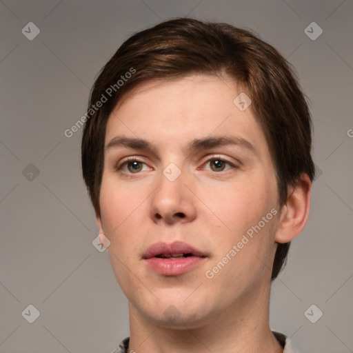 Neutral white young-adult male with short  brown hair and grey eyes