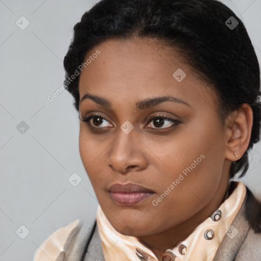 Neutral black young-adult female with short  brown hair and brown eyes