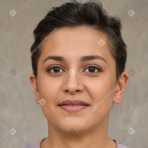 Joyful white young-adult female with short  brown hair and brown eyes