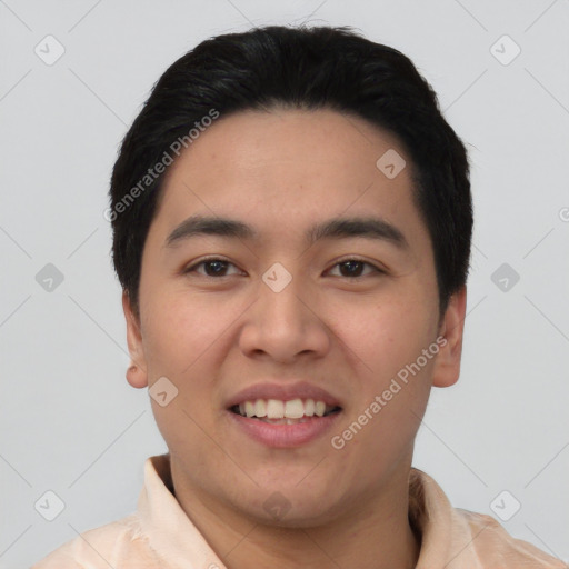 Joyful asian young-adult male with short  black hair and brown eyes