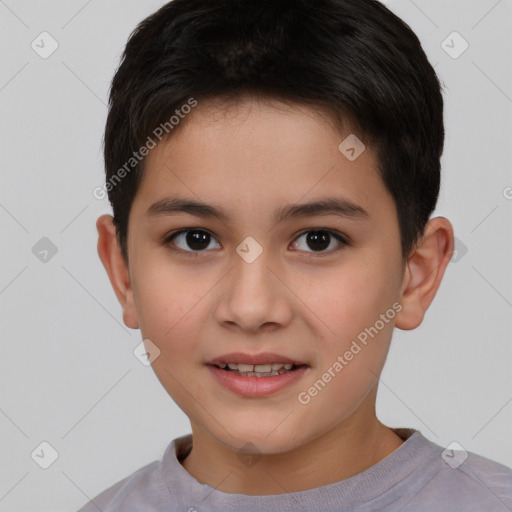 Joyful white child male with short  brown hair and brown eyes