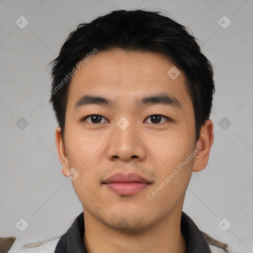 Neutral asian young-adult male with short  black hair and brown eyes