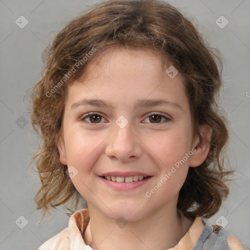 Joyful white child female with medium  brown hair and brown eyes