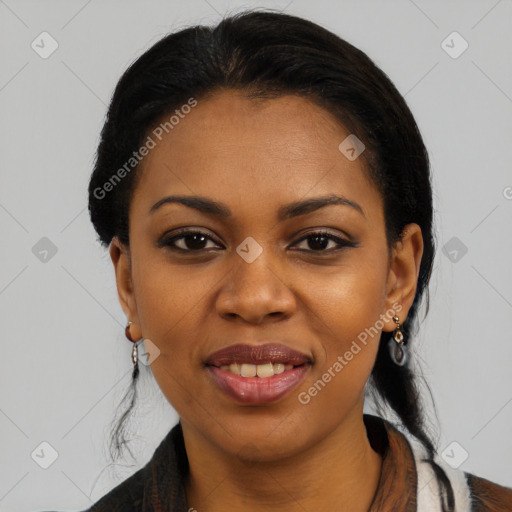 Joyful black young-adult female with medium  black hair and brown eyes