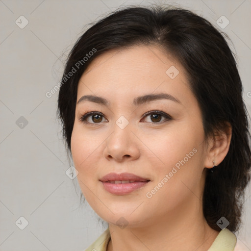 Joyful white young-adult female with medium  brown hair and brown eyes