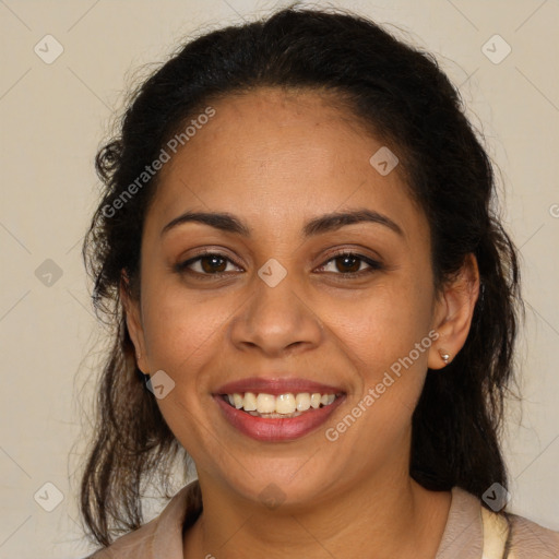 Joyful latino young-adult female with medium  brown hair and brown eyes