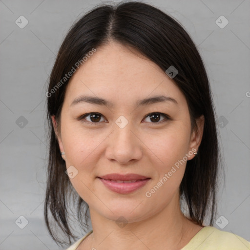 Joyful asian young-adult female with medium  brown hair and brown eyes