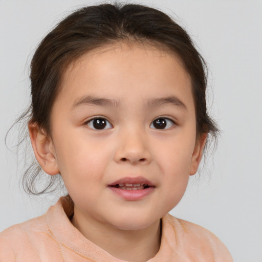 Joyful white child female with medium  brown hair and brown eyes